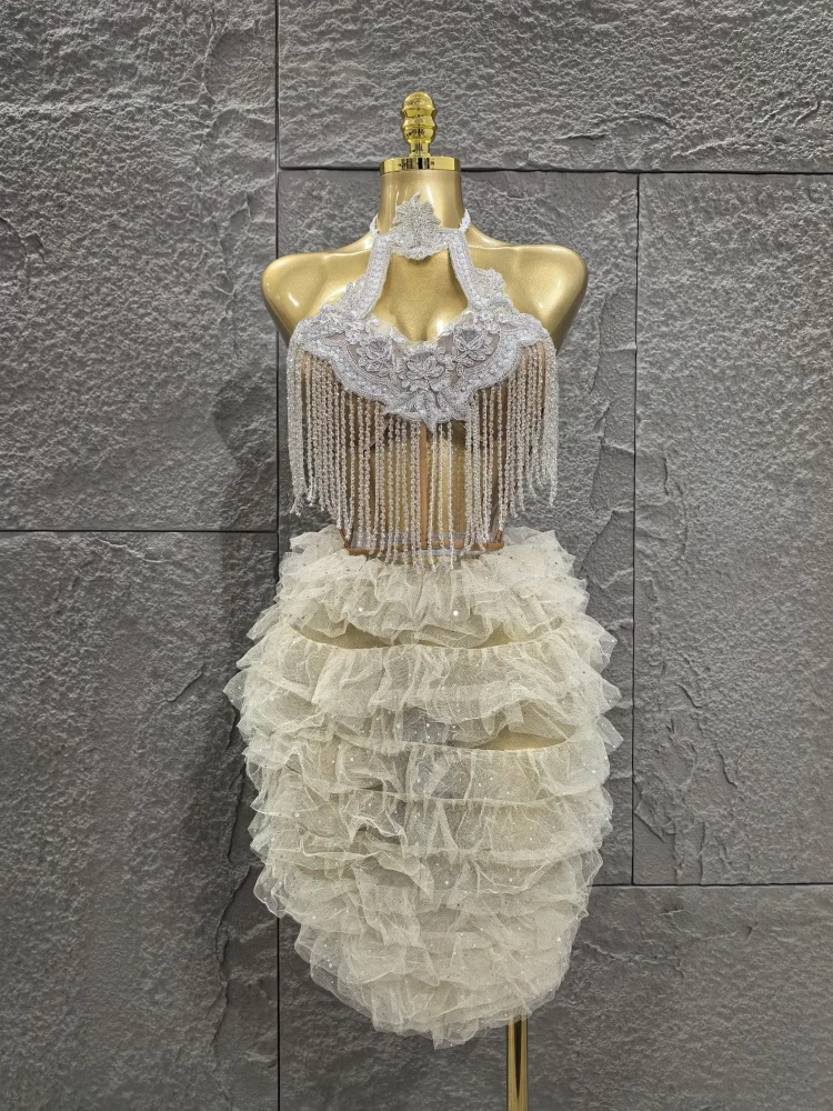

Sparkly Shinning Sequins Tassels Mesh Ruffles 2 Pieces Ball Gown Mini Dress Nightclub Party Bar Singer Performance Stage Wear