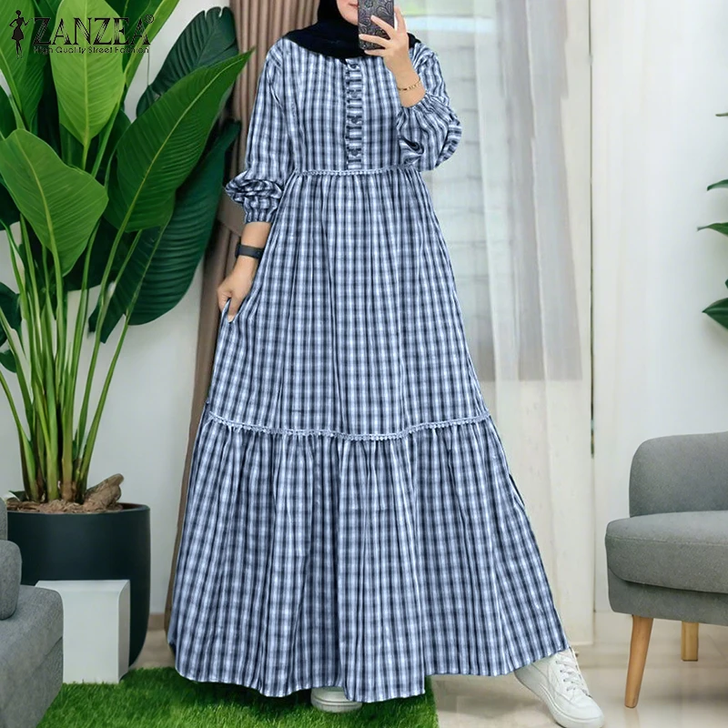 

2026 ZANZEA Женское элегантное платье в клетку с длинным рукавом, мусульманская абайя, плиссированный сарафан, повседневное свободное макси-платье для Рамадана