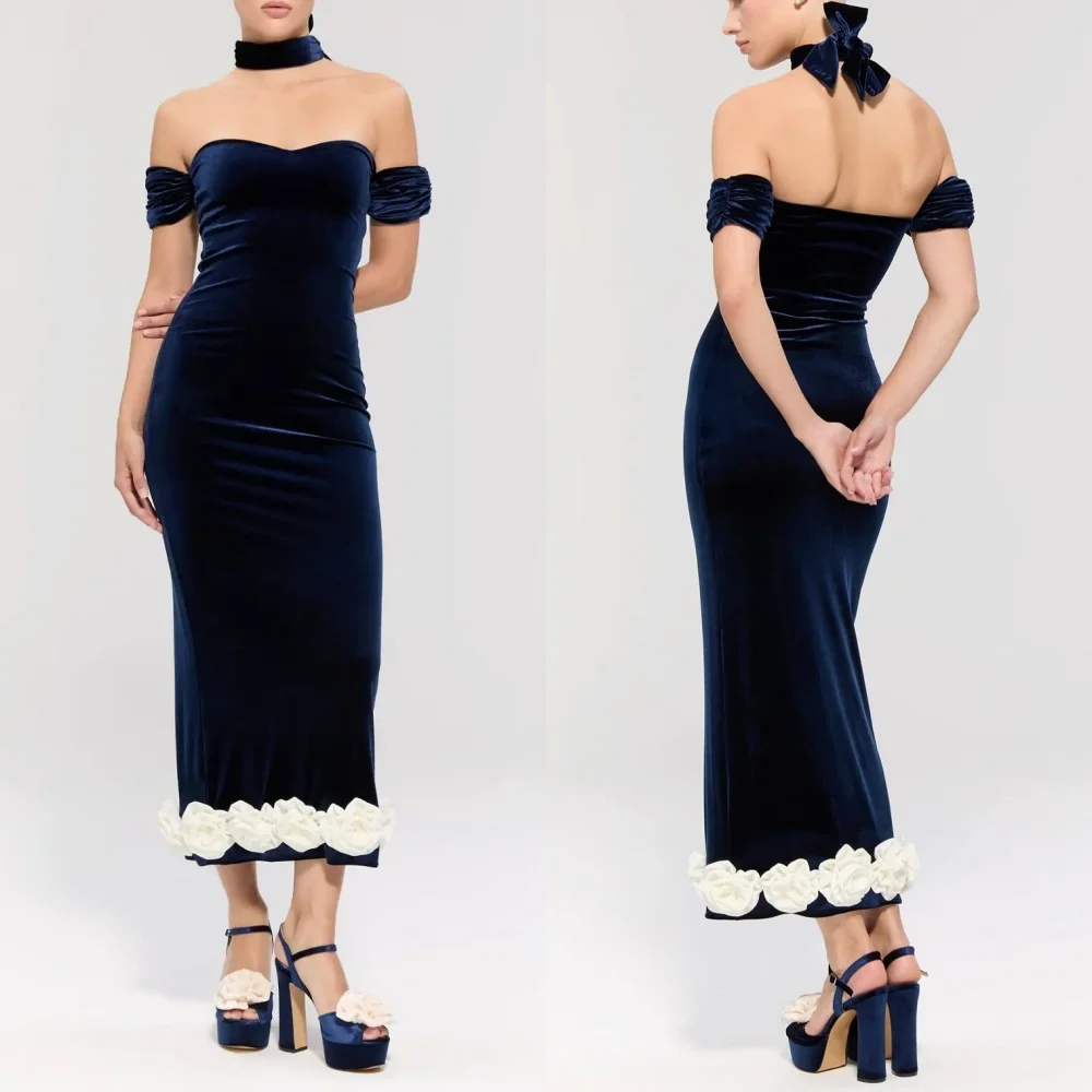 Изысканные повседневные велюровые плиссированные платья ручной работы с цветами, прямые платья миди с открытыми плечами, элегантные платья для особых случаев на заказ