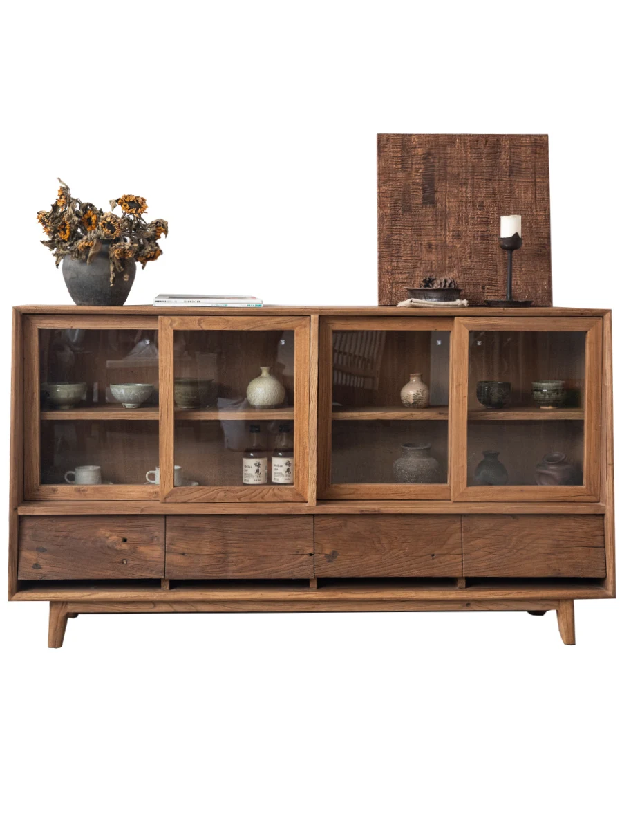 Old elm dining side cabinet Solid wood living room against the wall Tea cabinet Homestay multi-functional glass storage cabinet