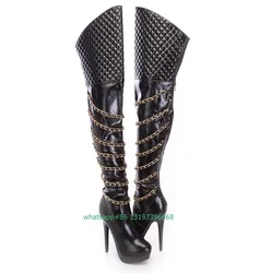 Lady black PU platform metal chian over the knee boots stiletto heel  zip dance vintage dance party sexy dress boots size 35-46