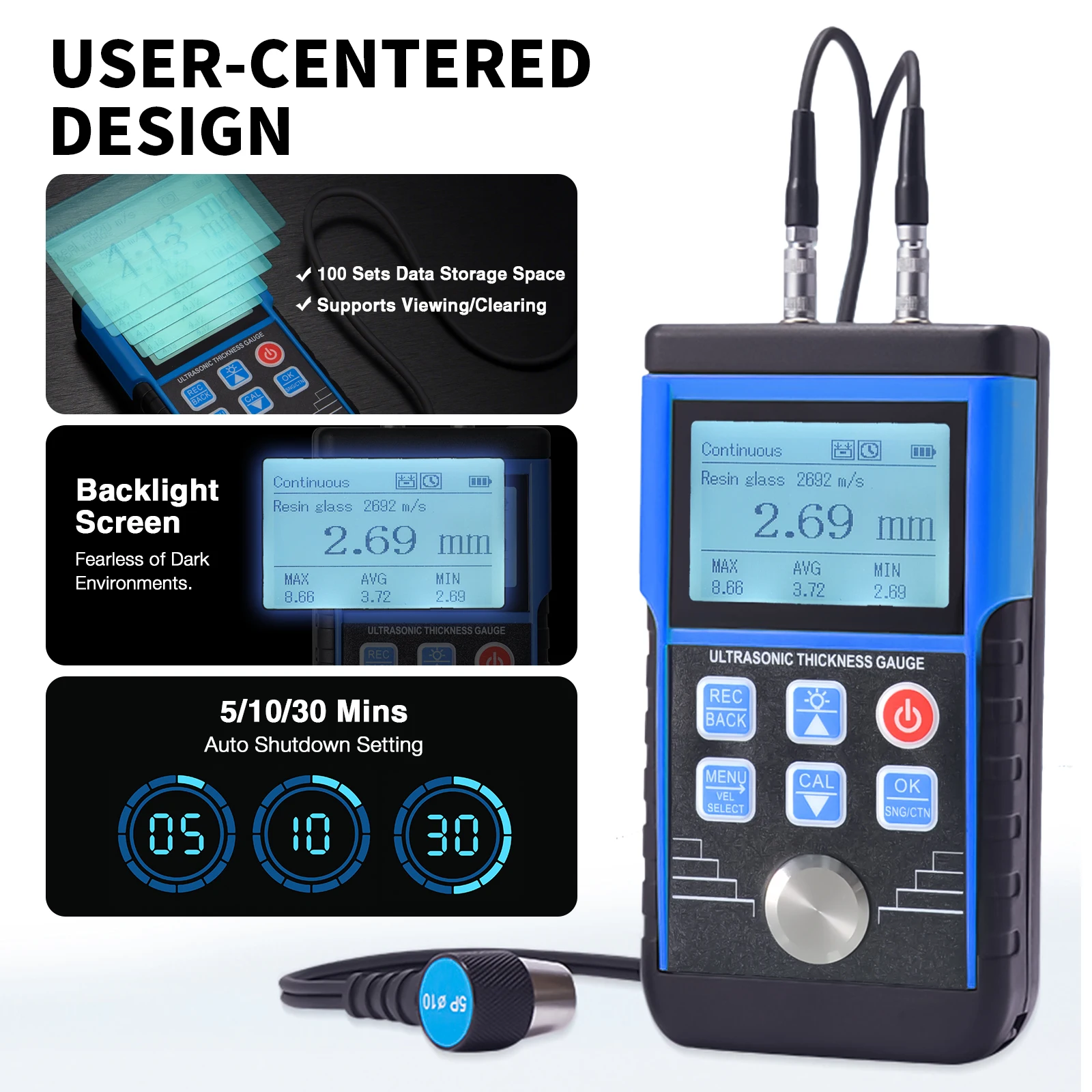 HP-130S Ultrasonic Thickness Gauge 0.01mm 1.0-350mm, CE Digital Tester for Steel Pipe Pressure Vessel EU Industrial Engineer