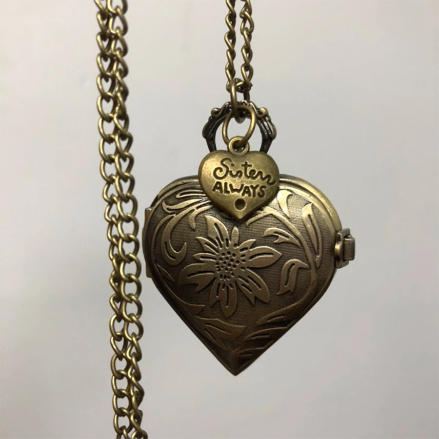 Old Fashioned Bronze Love Heart-shaped Quartz Pocket Watches Pendant Clock with 80cm Necklace Chain with Heart Accessory