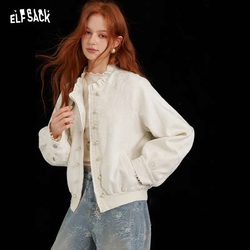 ELFSACK Women's Neo-Chinese Bomber Jacket with Ruffle Collar & Pearl Buttons, Elegant Outerwear for Daily Casual