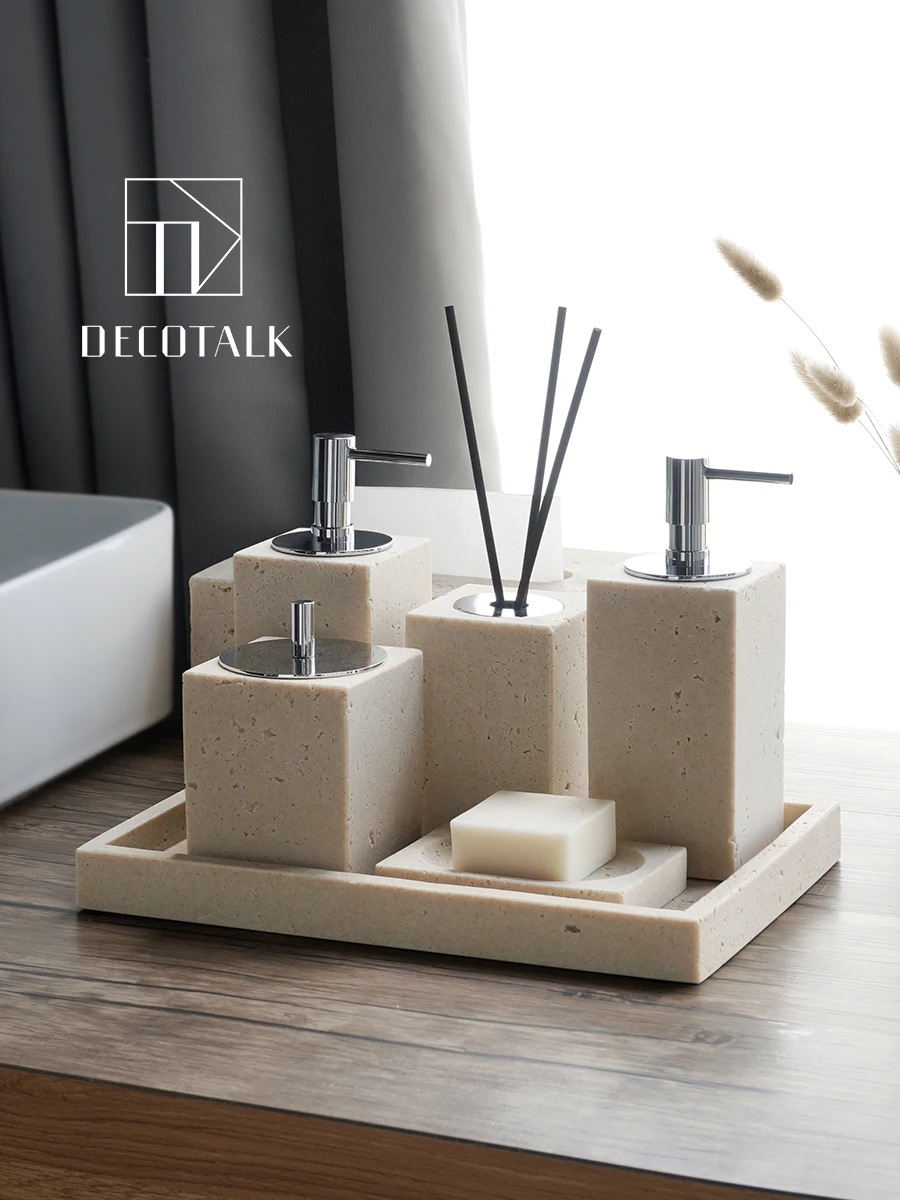 

Набор для ванной DecoTalk в минималистичном стиле: дозатор для мыла, держатель для салфеток, поднос из песчаника с отверстиями, цвет желтый