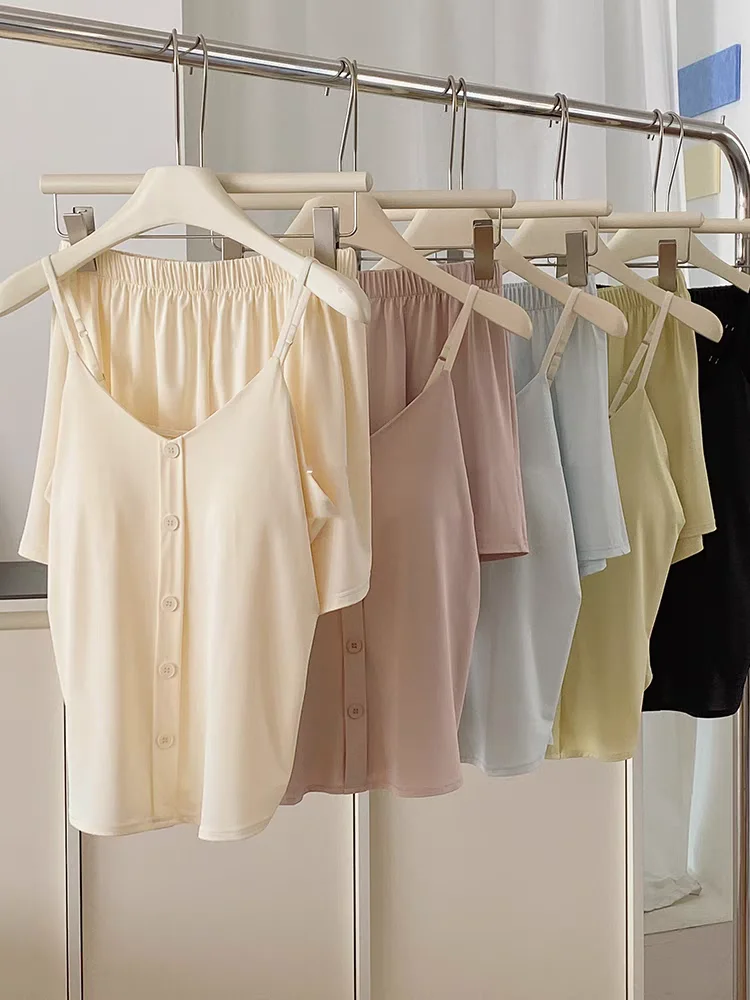 

Регулируемый комплект из ледяного шелка с пуговицами на груди, ремешок из ледяной кожи, домашняя одежда, комплект из двух предметов для летних женщин