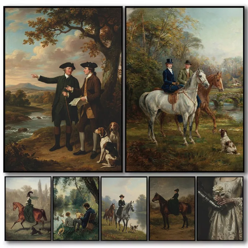 Vintage Classic Equestrian Artwork Horse Riding Couple Hunting Countryside Poster Canvas Painting Wall Pictures Home Decor