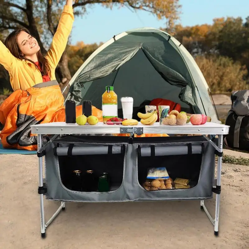 Portable Folding Table Camping Tableware Table With Cloth Cabinet Aluminum Alloy Travel Storage Table Fireproof Waterproof