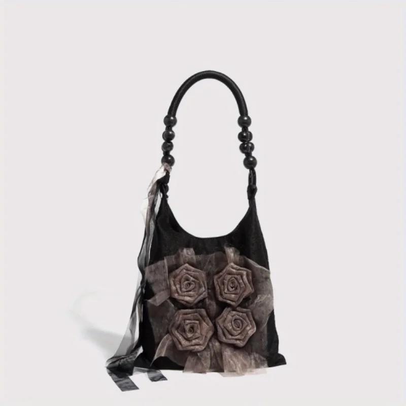 Niche Retro Valentine‑Themed Women Tote Purse, Grass Tie‑Dye Rose‑Ornament Pleated Underarm Shoulder Bag, Ideal for Daily Commuting and Casual Outings