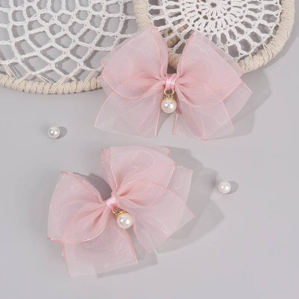 2 قطعة مقاطع الشعر القوس متعدد الطبقات للفتيات الشيفون دبابيس الشعر الصلبة لطيف اللؤلؤ قلادة باريت الاطفال أغطية الرأس إكسسوارات الشعر #1