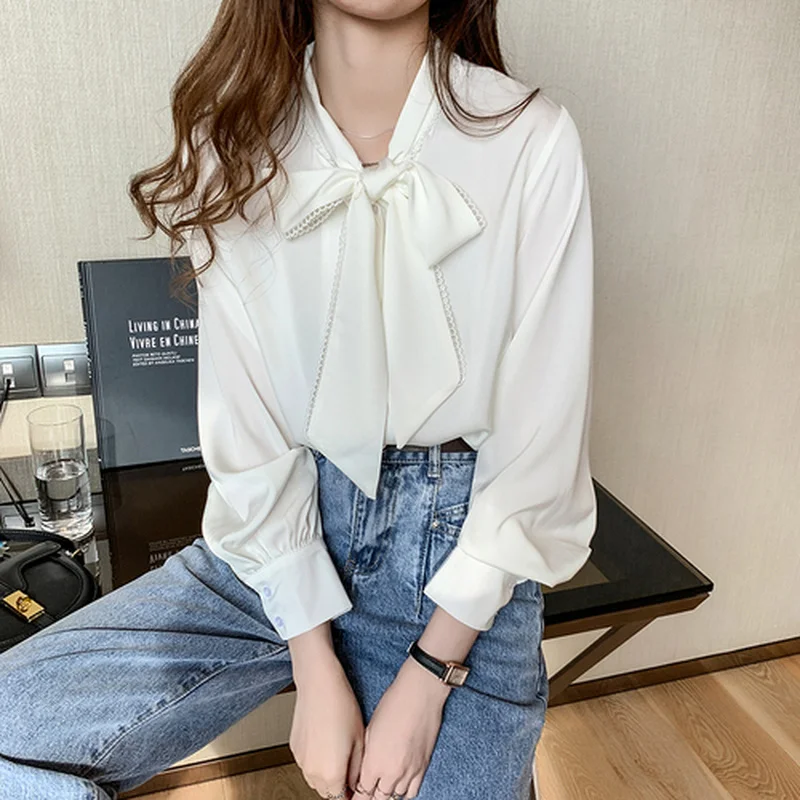 2022 Korean Loose Tops Spring Satin Fashion Chiffon Blouse Women White Office Lady Clothes with Bow Blue Long Sleeve Shirt 10691