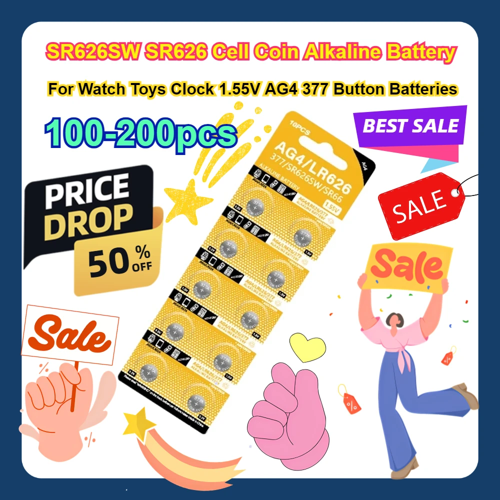 SR626SW SR626 Cell Coin Alkaline Battery 177 376 626A LR66 LR626 For Watch Toys Clock 100-200PCS 1.55V AG4 377 Button Batteries