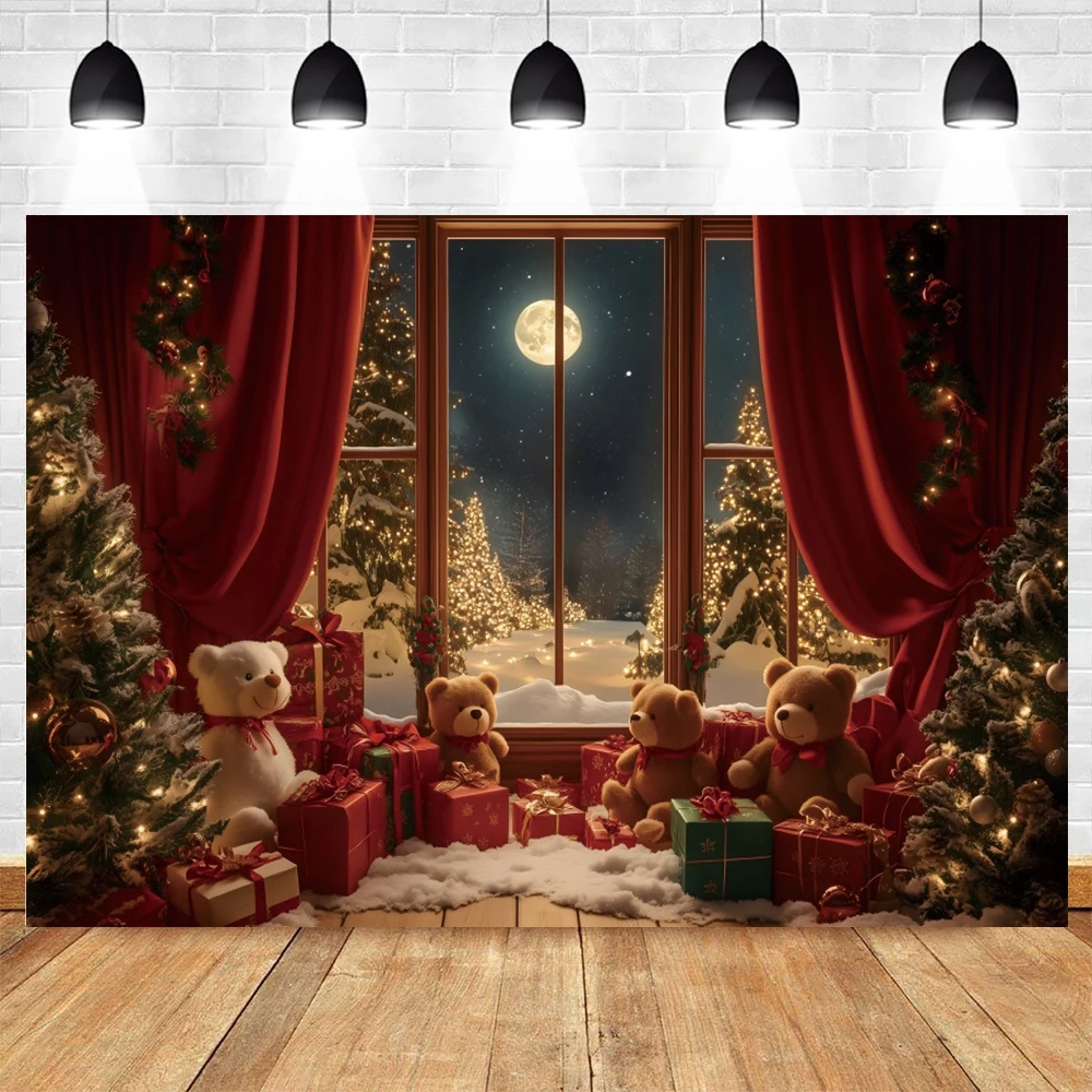 Christmas Window Photography Backdrop Xmas Tree Gift Toy Bear Red Curtain Family Party Decor Kids Portrait Photo Background Prop
