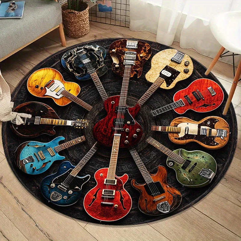 Retro Colorful Guitar Round Rug – Non-Slip Washable Mat for Living Room, Bedroom & Chair – Christmas Gift Home Decor