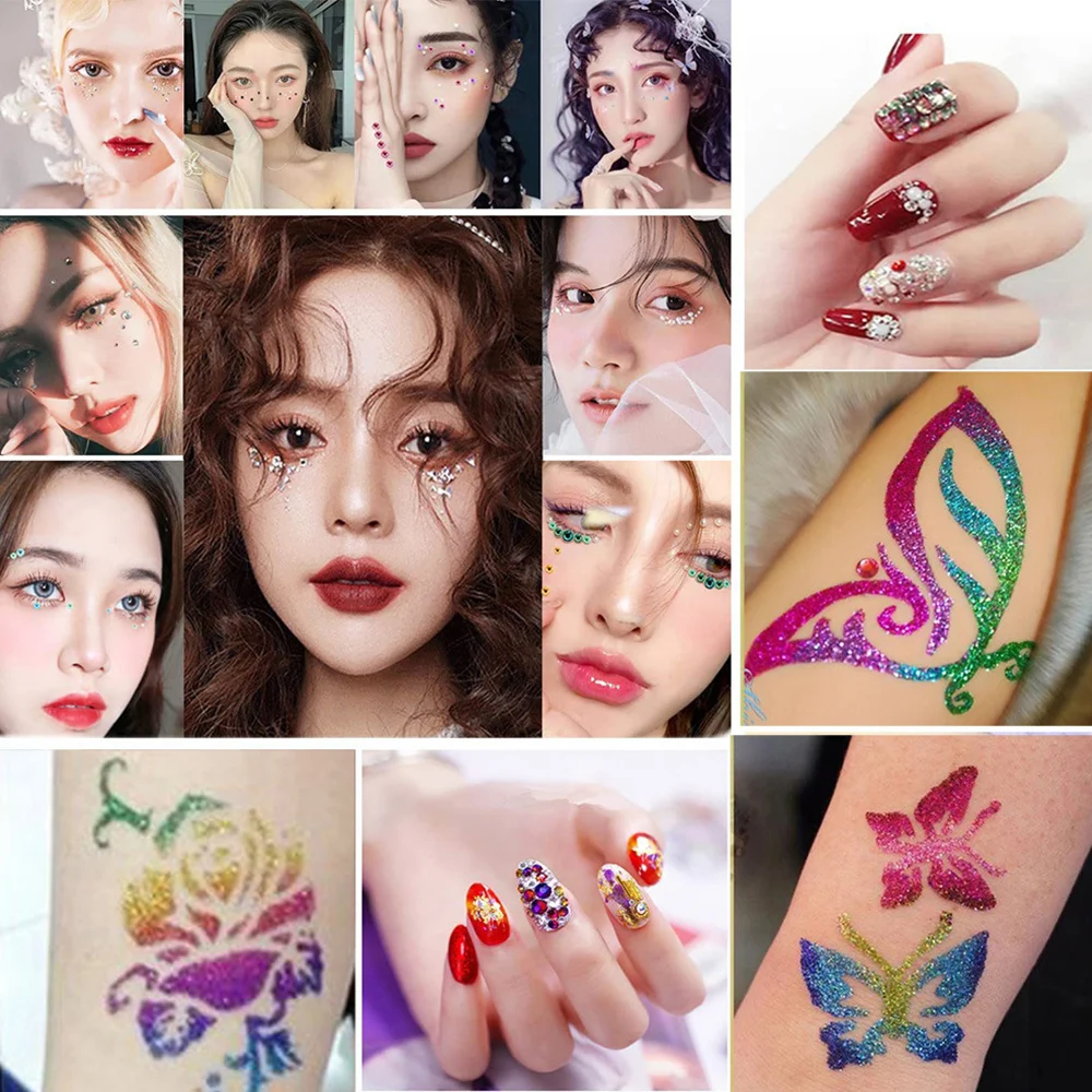 Colorful Glitter Tattoo Kit Body Art Glitter Makeup Glow in the Dark Body Paint for Party Festival Halloween Cosplay Makeup