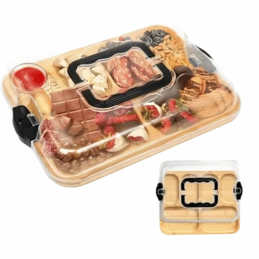 

Transparent Bamboo Cheese Board Divided Grid Square Shape Wooden Cheese Board Portable Snap-On Lid Bamboo Cheese Tray Parties