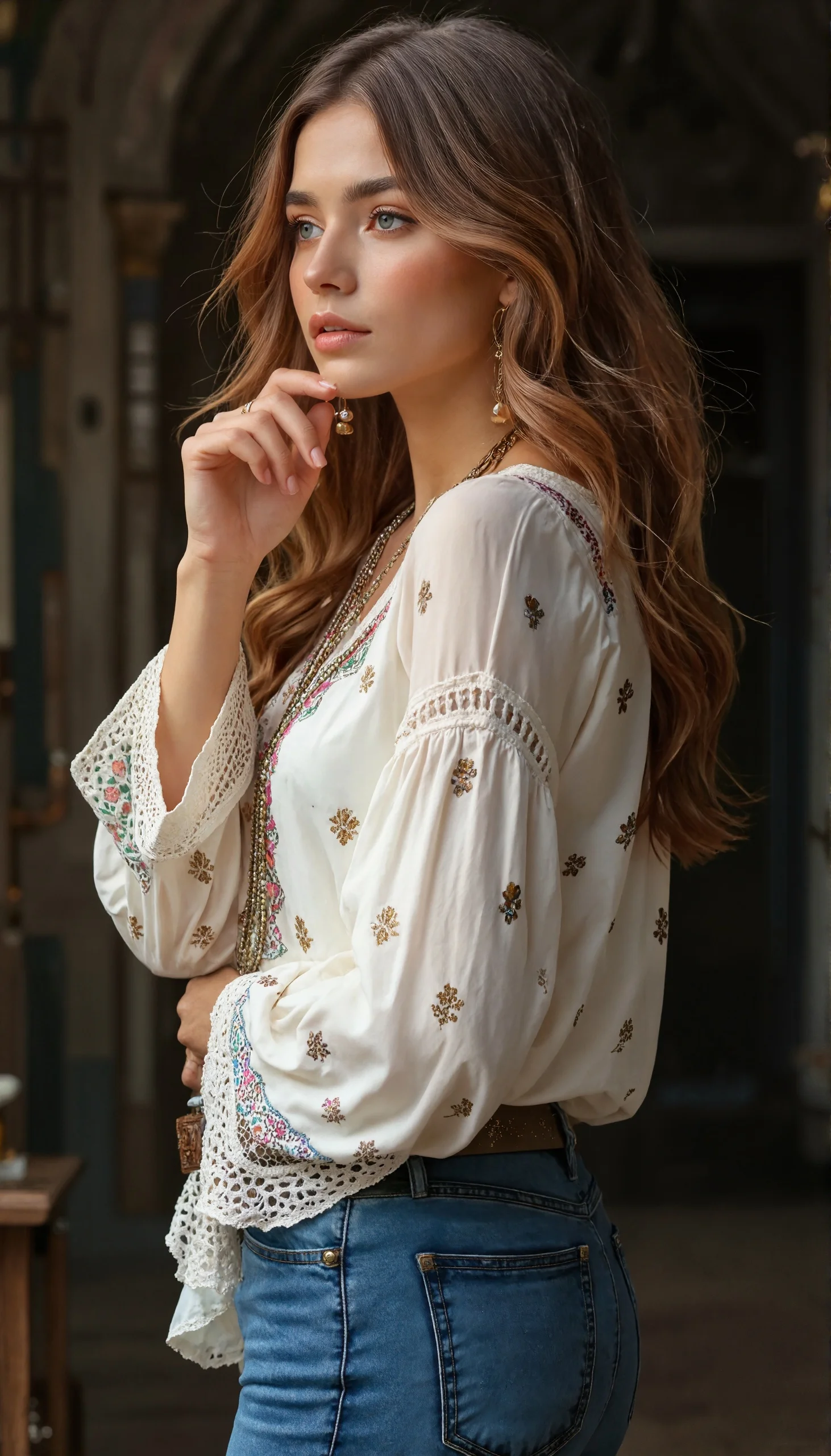 Women's Ethnic Bohemian Blouse V-Neck Long Sleeve Vacation Top Retro Print Lace Splicing Casual Vintage Shirt for Autumn