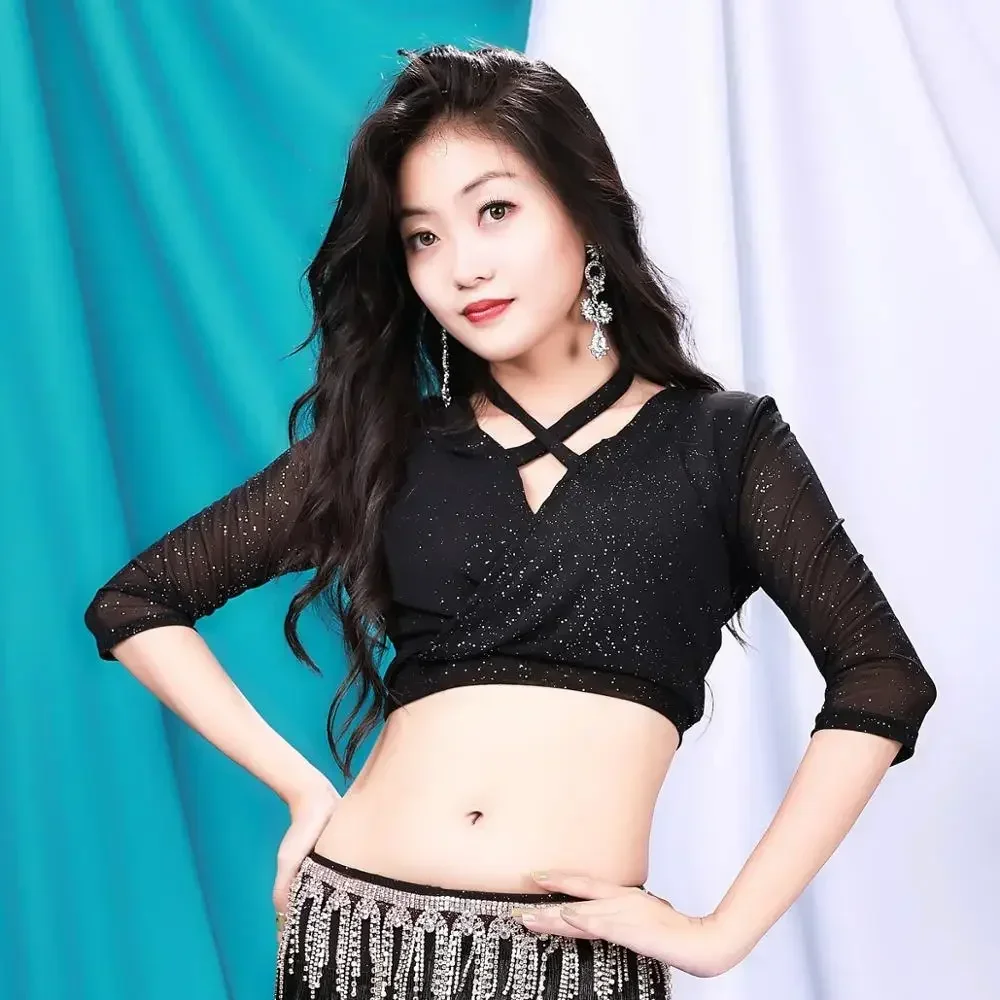 เสื้อเต้นรำผู้หญิงพิมพ์ลายเสือดาว, เสื้อครอปเอวลอยสแปนเด็กซ์ครึ่งแขนยืดหยุ่น