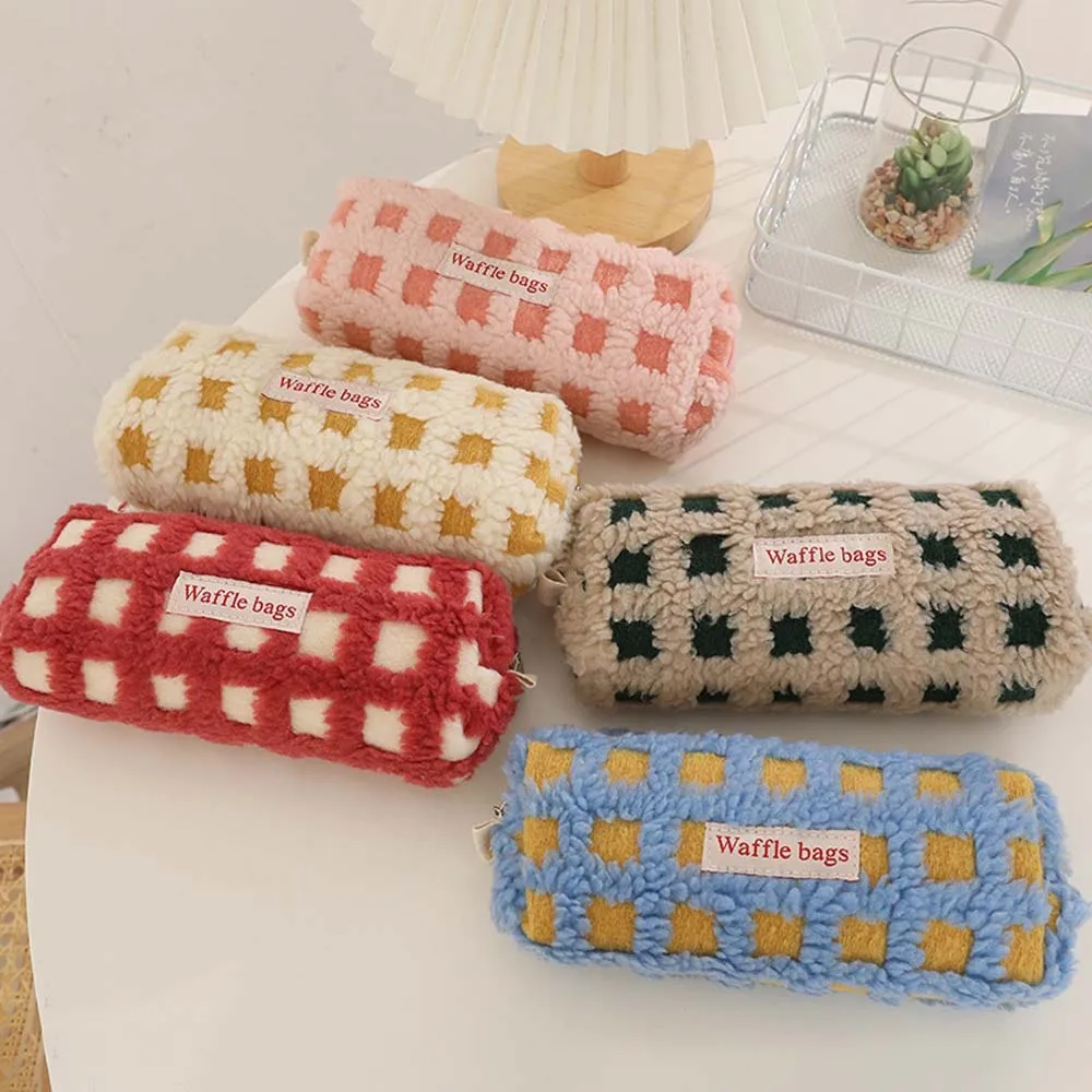 Large Capacity Plush Pencil Case Khaki/Pink/Yellow/Blue/Red Soft Stuffed Stationery Bag Waffle Grid Pattern Cosmetic Bag