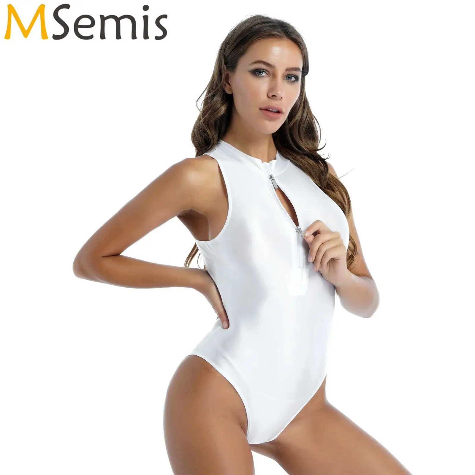 

Womens Glossy Sleeveless Bodysuit Swimsuit One Piece Solid Color Double Zipper Front Leotard Swim Costume Swimwear Nightwear