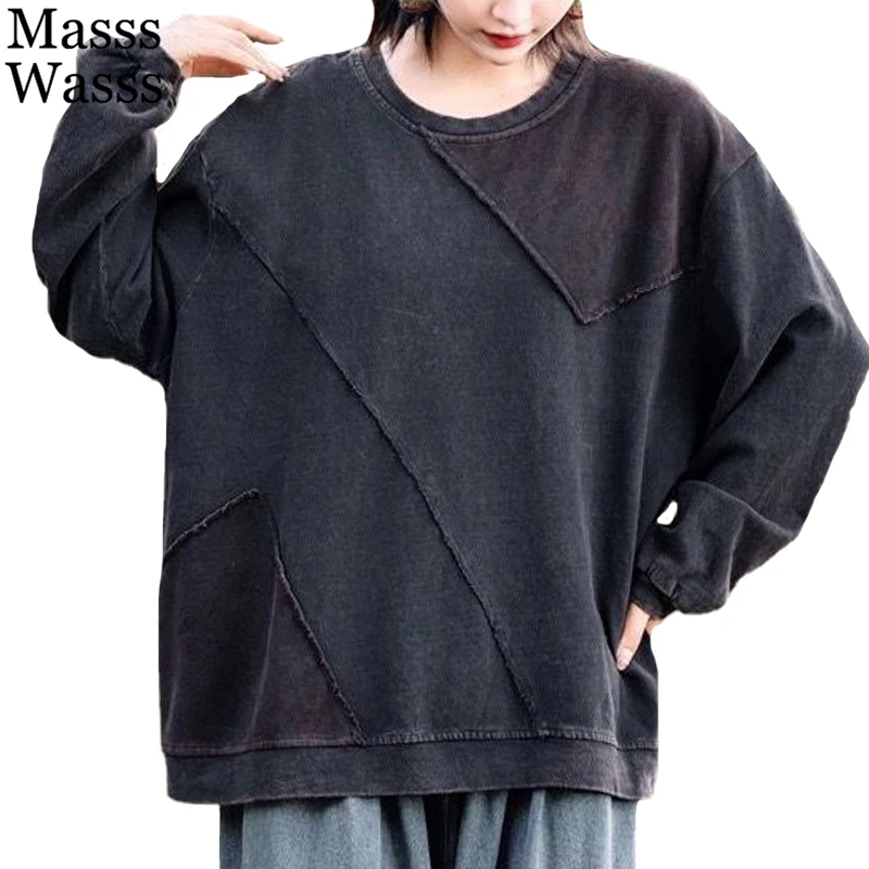 Masss Wasss Autumn Womens Leisure Vintage Printed O Neck Tee Shirts Fashion Loose Patchwork Tops Korean Fashion Classic Clothes