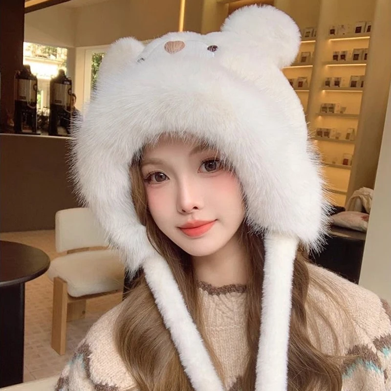 Cute Bear Earmuffs Cap，Winter Plush Thickened Fluffy Fur Ear Protection Cap For Women Windproof Warm Headgear Bonnet