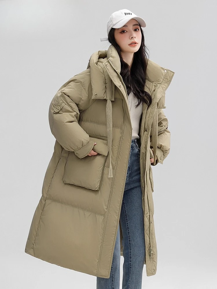 Dames donsjack 2025, winter lange capuchon, Koreaanse stijl, casual warme mode-jas