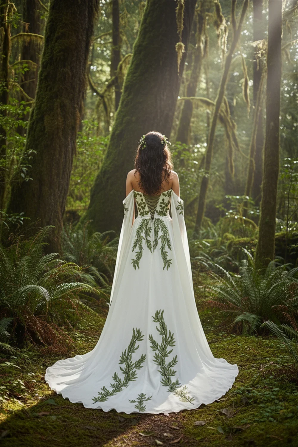Lakshmigown Grünes Blatt-Stickerei-Hochzeitskleid mit Cape, schulterfrei, A-Linie, Abendkleid, Schnürung, Schleppe, maßgeschneidert – Detail 6