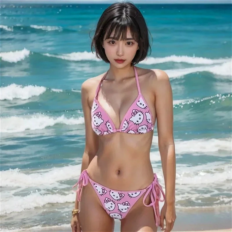 

Swimsuit Hello Kitty Print Cute Girls Sexy Bikinis Set Bandage Sweet 2Pcs Micro Bikini Swimwear Women Bathing Suit Beach Summer