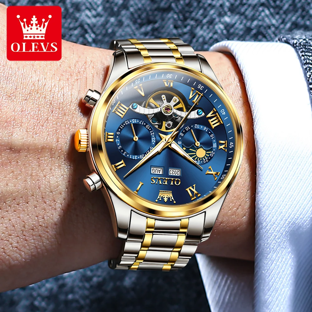 OLEVS Luxury Men\'s Watches Fashion Waterproof Multifunctional Fully Automatic Mechanical Watch Complete Calendar Moon Phase