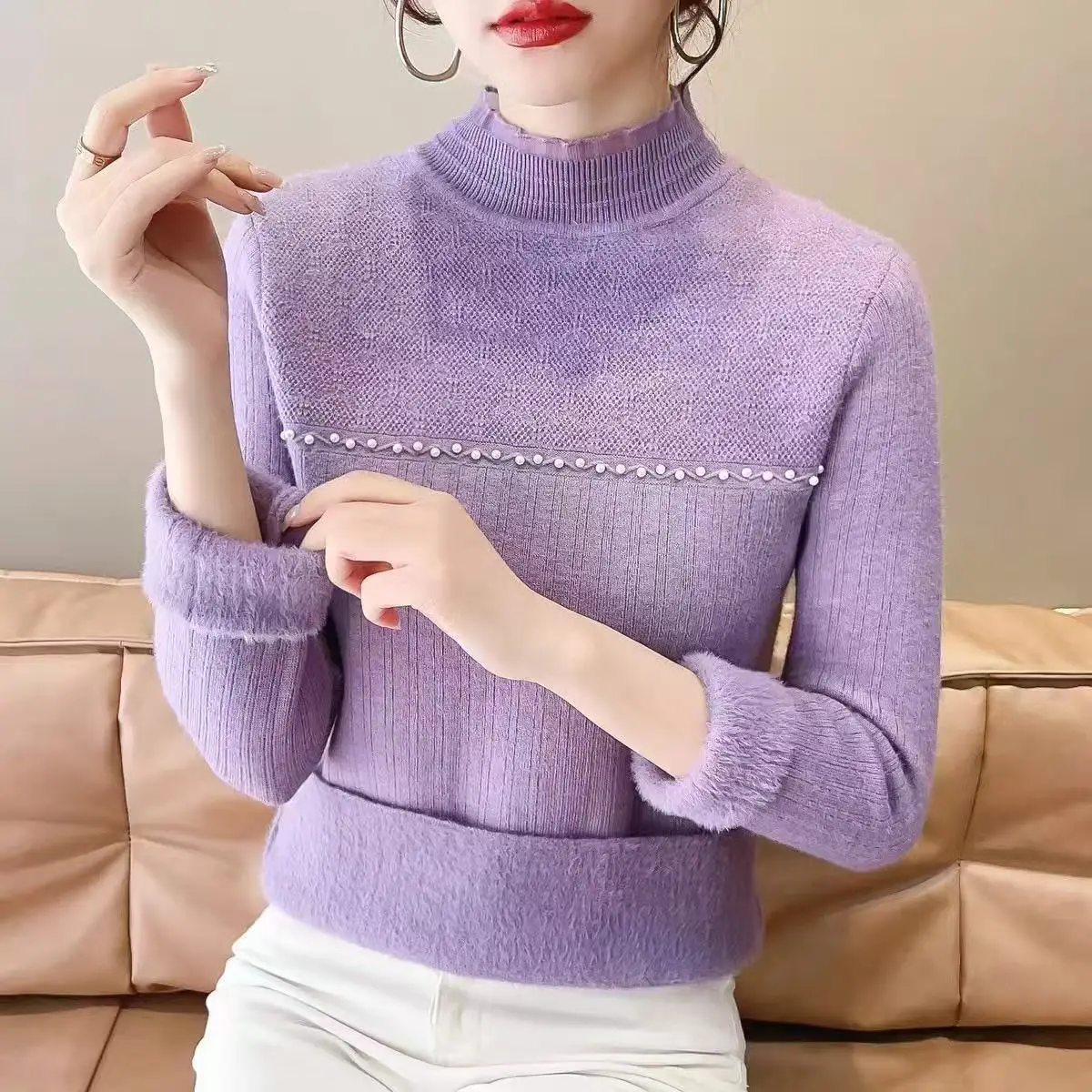 

Thiened Fce f, кружевной длинный вязаный свитер с высоким воротником и бисером, женский осенне-зимний новый Sle Ciwalk Base irt