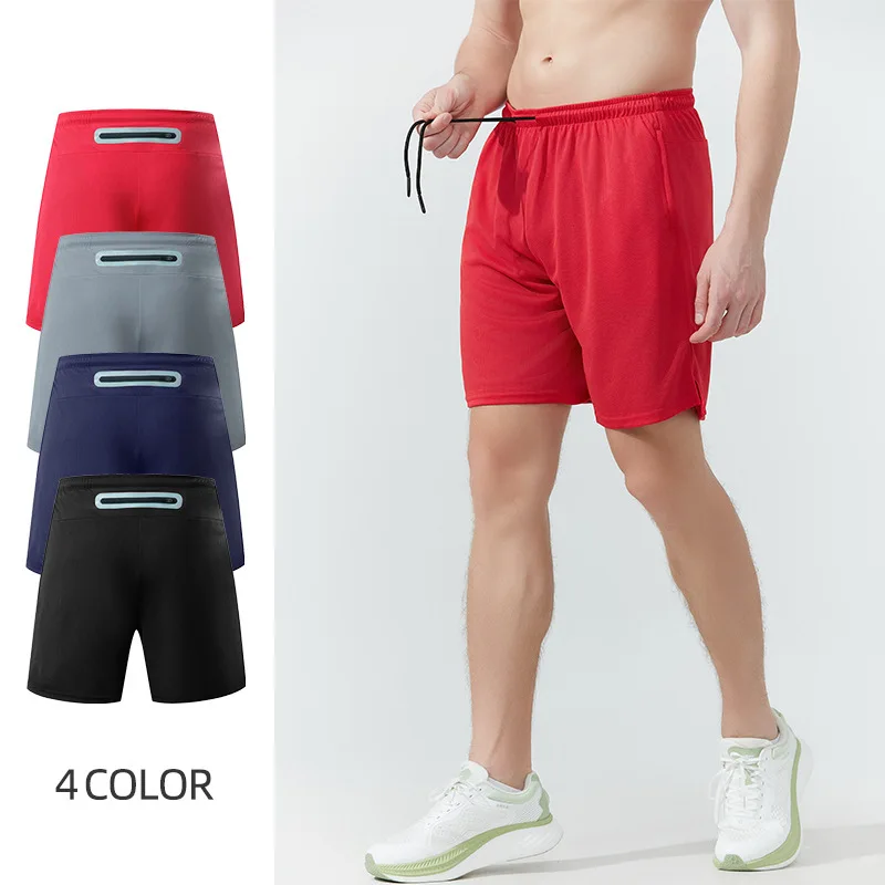 Summer sports shorts men's quick drying breathable night running fitness shorts waist pocket fake two-piece sports five quarter