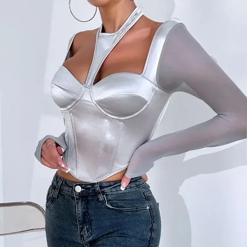 Top corto de manga larga con cuello Halter de retazos de malla para mujer, ropa de calle Y2k, Color sólido, corsé transparente Sexy, chica picante,