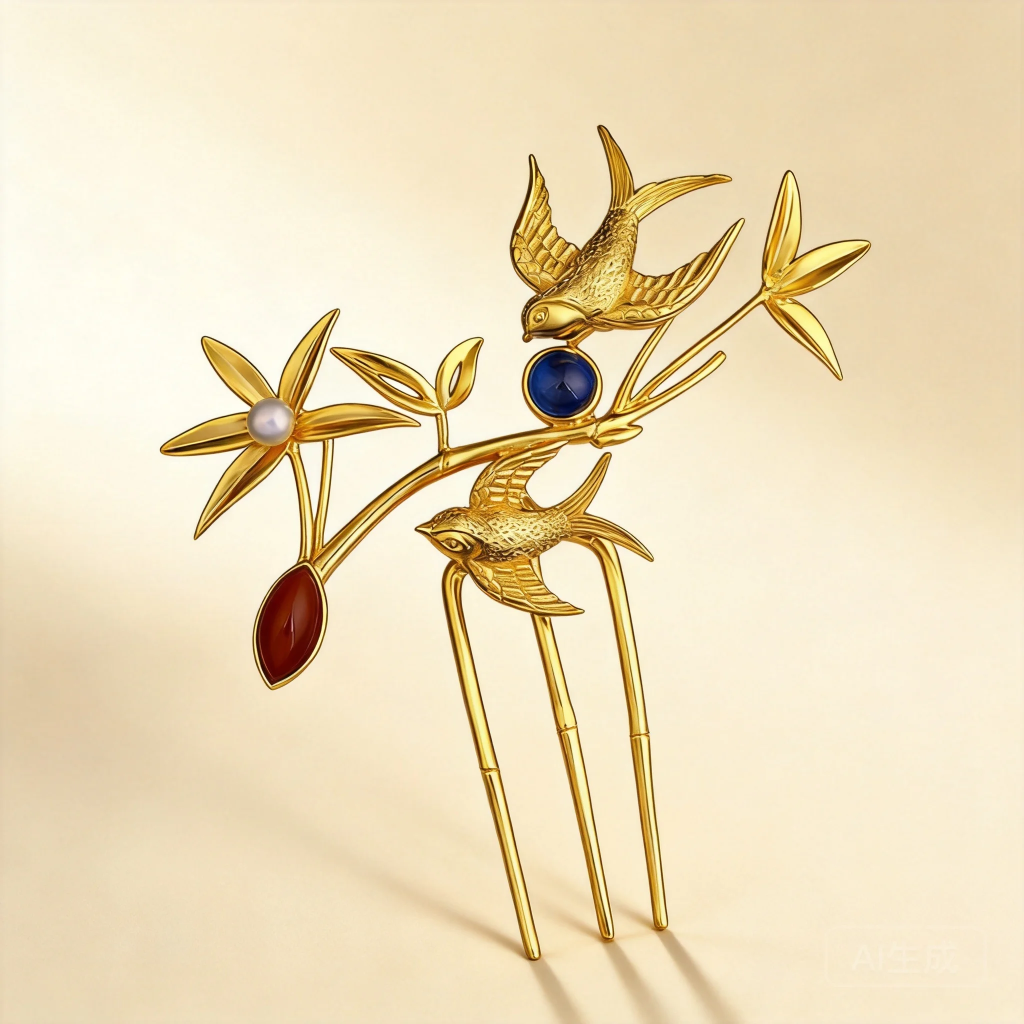 Gold Plated Chinese Style Lucky Spring Swallow Hairpin Inlaid Red Agate Blue Gem Pearl Flower Blessing Hair Stick For Women Hanf