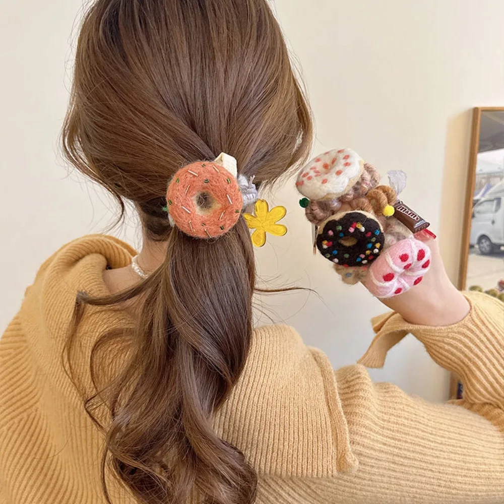 Línea telefónica de fieltro de lana, cuerda para el cabello, anillo para el cabello de Donut de felpa de plástico recto, soporte elástico para cola de caballo de galletas de estilo coreano