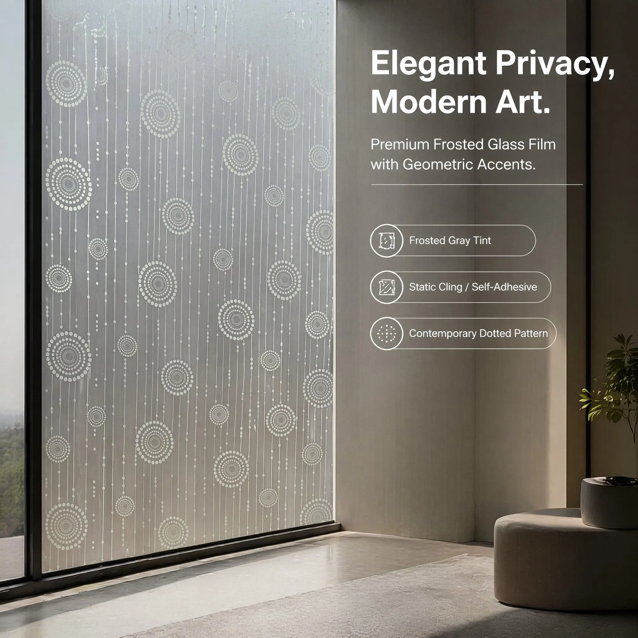 Modern Vertical Dotted Circle Ring Self Adhesive Frosted Window Film 95% Privacy Protection Waterproof Steam Resistant
