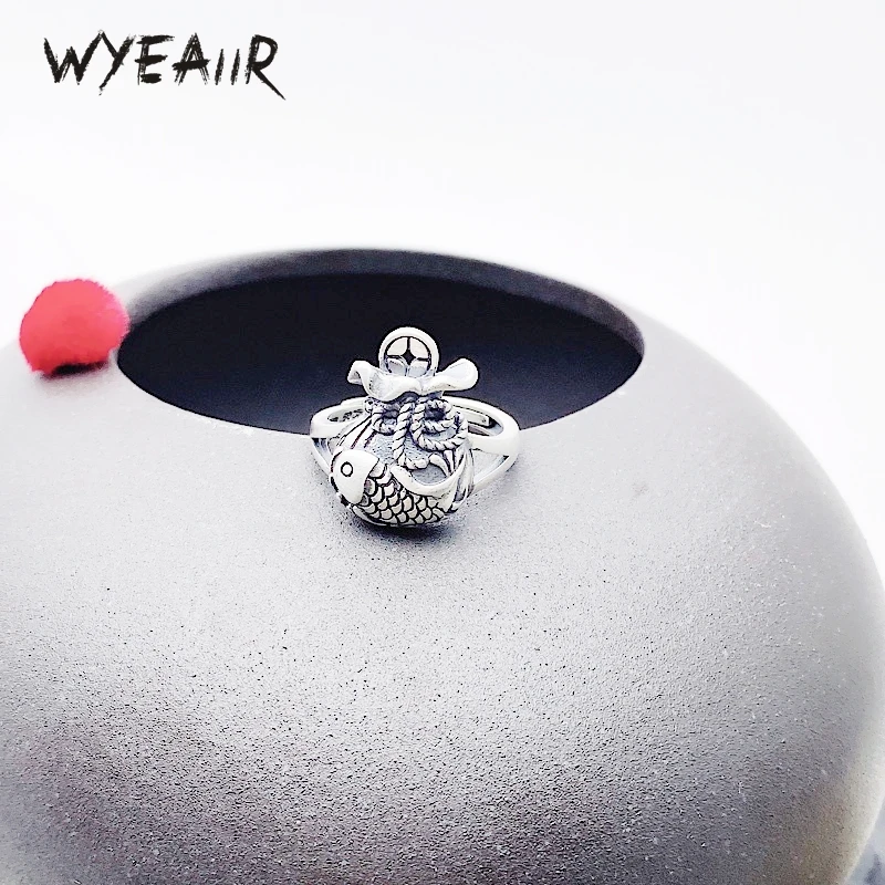 WYEAIIR 925 Sterling Silver Vintage Thai Silver Carp Purse Resizable Opening Ring For Women Luxury Jewelry