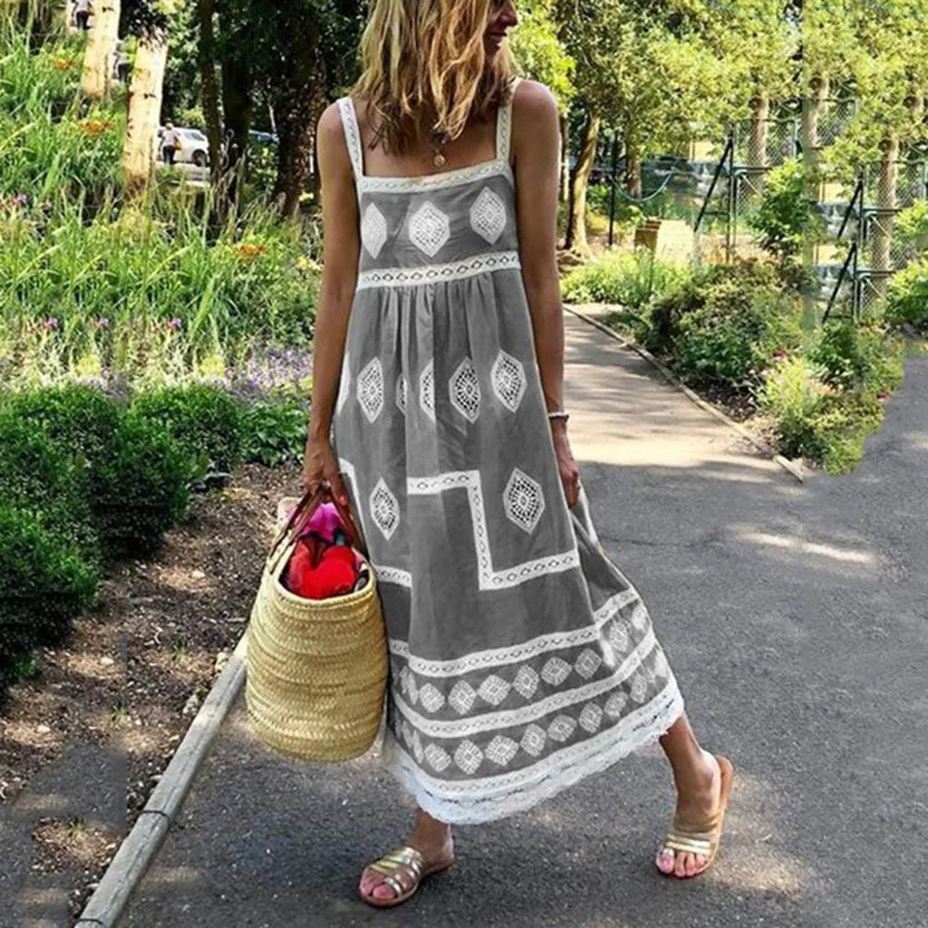 Vestido de balanço maxi vintage estampado feminino, casual vestidos boho, mãe dos vestidos, alça, praia, verão