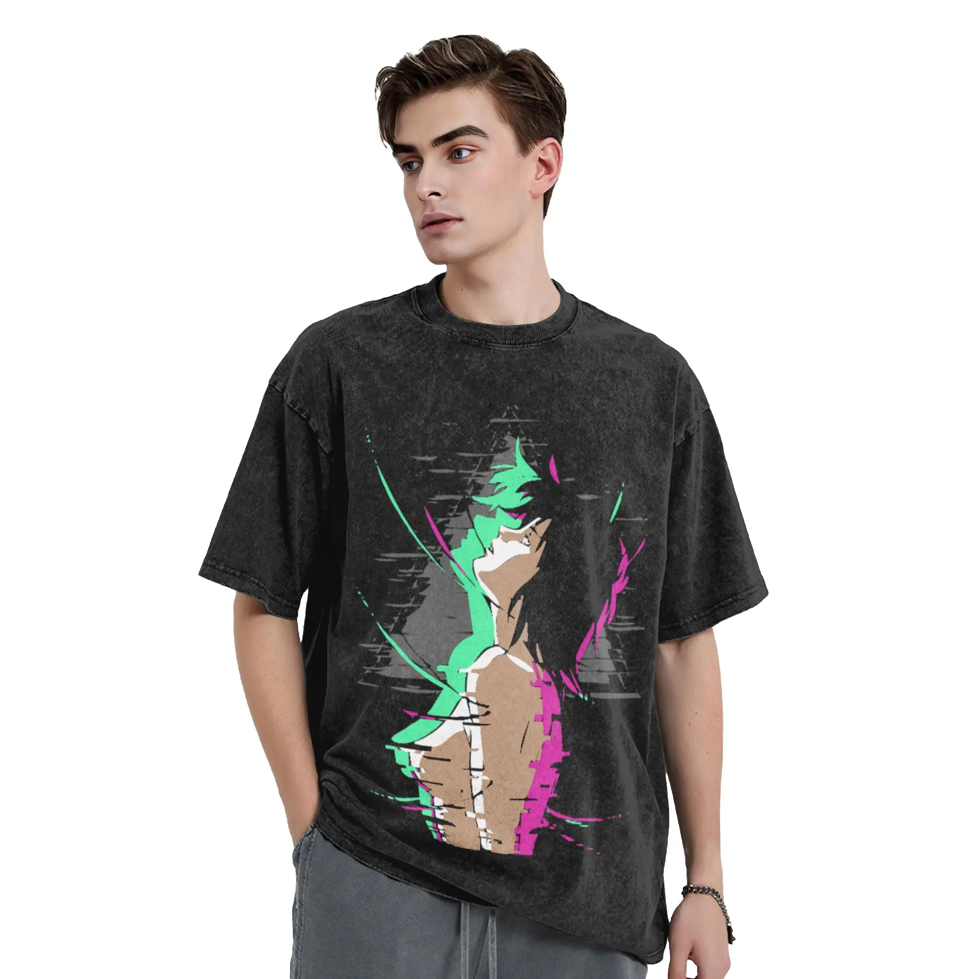 The Glitch in the Ghost Washed T Shirt Pure Cotton Casual T-Shirt Crew Neck Ghost in The Shell Tee Shirt  Clothes Plus Size