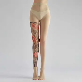 女士性感印花緊身褲假刺青牡丹褲襪女性視角網眼緊身褲尼龍襪 10 最佳銷售 紋身緊身褲 - №6