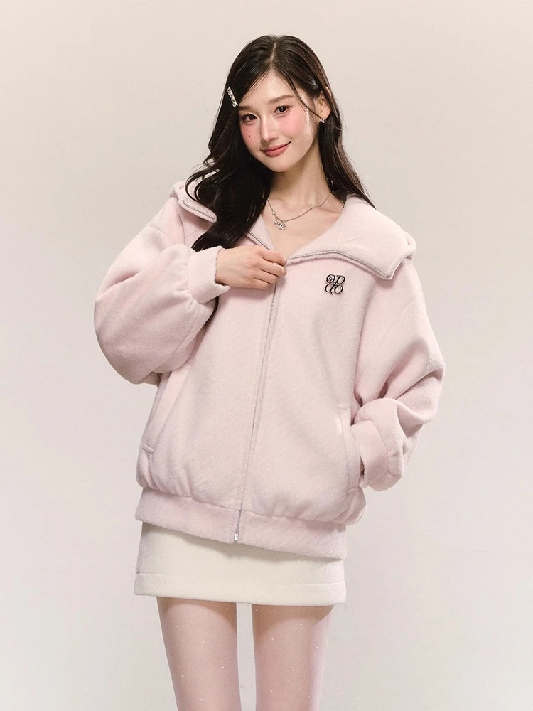 Damska kurtka z kapturem na zamek błyskawiczny REDDACHiC Cutecore, wełniana tweedowa, jednolita, codzienna, z kieszeniami, oversize, z klapami, bluza z kapturem, odzież wierzchnia na jesień i zimę.