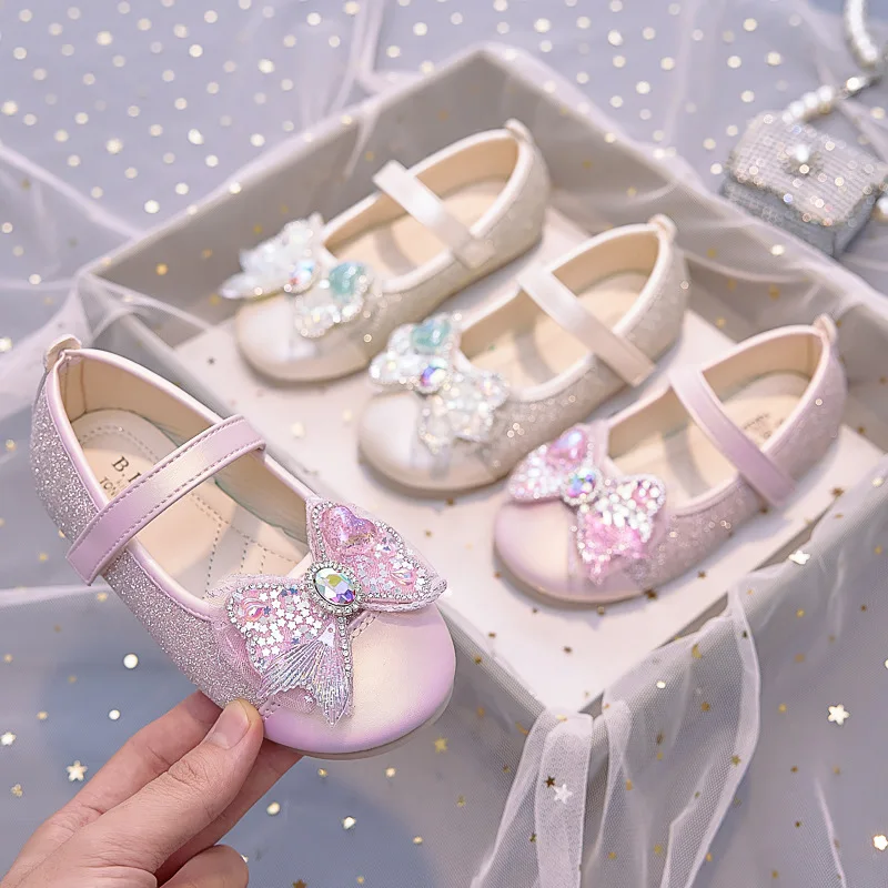 

Fashion Children's Performance Leather Shoes Girls Casual Shoes Princess Baby Sequin Bow Flat Shoes