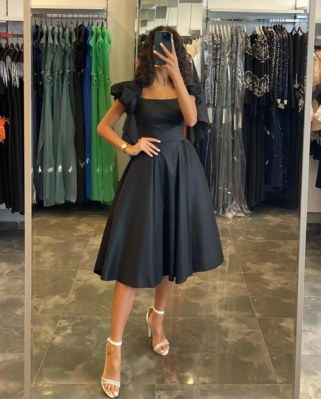 

Homecoming Dresses Black Younger Girls' Wear Tea Length A Line Graduation Party Gowns Square Neck Short Sleeves Prom Dress