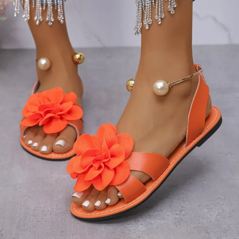 Women Sandals Summer Flat Pearl Retro Flower Sandals Open Toe Casual Sandals Daily Beach Bohemian Comfortable Non Slip Shoes - view 5
