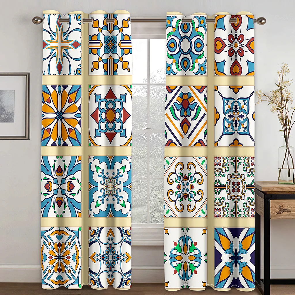 European Bohemian Style Color Grid Print Curtains 2 Panel Moroccan Home Living Room Bedroom Study Window Decoration image 2