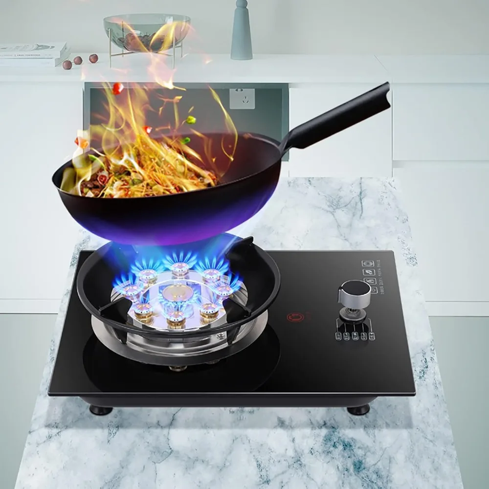 バーナーガスコンロ ガスホブ ブラック強化ガラス 9チャンバーバーナー 中華鍋用クックトップ、ビルトインマウント、天然ガス/プロパンガス用、Cas