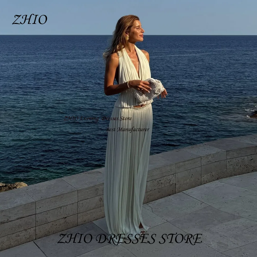 

ZHIO Modern Pleated Tulle Crop Top Deep V-Neck Beach Wedding Dresses Photo Shoot Sleeveless Backless Bride Gowns Customized