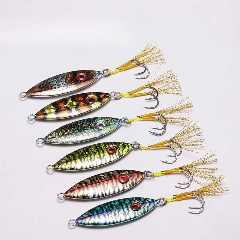 

1pcs 6 colors 50g Metal Jig Little Jack Fishing Lure Micro Jigging Lure 3D Print Slow Shore Casting Spoon Bait With Assist Hooks