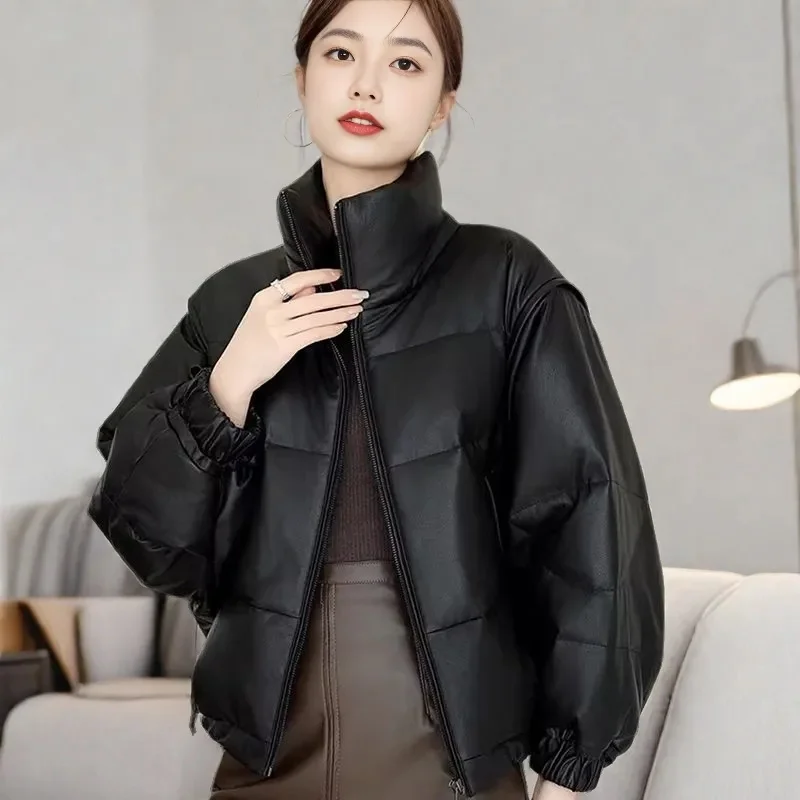 

Korean Femme Large Size 5XL Parkas Outwear 2025 Women Stand Collar PU Leather Puffer Jacket Winter Lady Leather Down Cotton Top