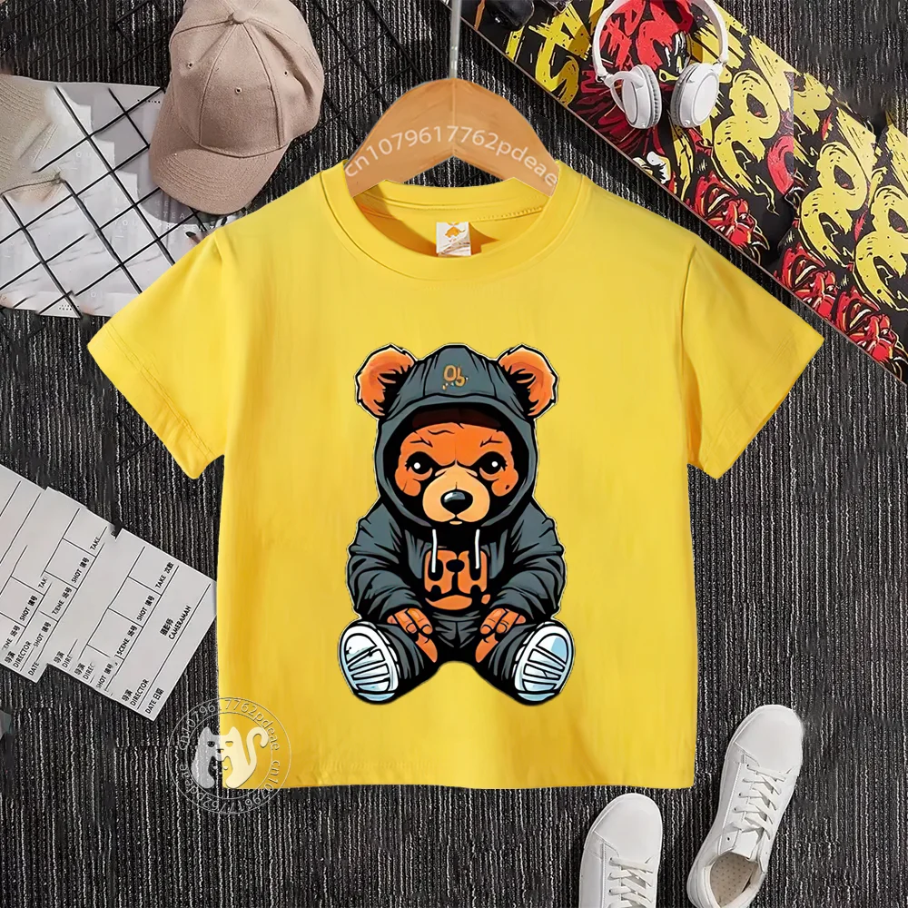 Teen summer 100% cotton pullover T-shirt for boys and girls baby comfort top Street Cool Bear printed cotton T-shirt for kids